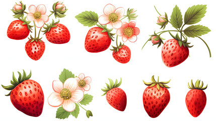 watercolor illustration of ripe strawberry with leaves and flowers, painted elements composition. Hand drawn food illustration
