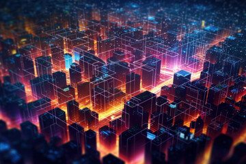 Fototapeta na wymiar High tech data network color grids over miniature cityscape with cinematic coloring created with Generative AI technology
