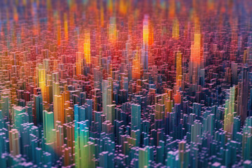 High tech data network color grids over miniature cityscape with cinematic coloring created with Generative AI technology