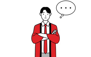 腕を組んで考える赤い法被を着た販売員の男性