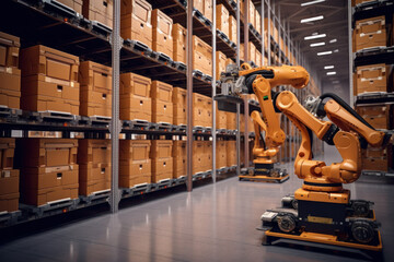 Forklift robot loads pallets and boxes in warehouse - AI generative