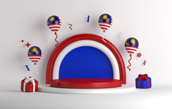 Malaysia independence day decoration display podium background with balloon, gift box, confetti, copy space text, 3D rendering illustration