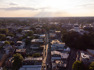 An aerial photo of downtown Annapolis Maryland during sunset.