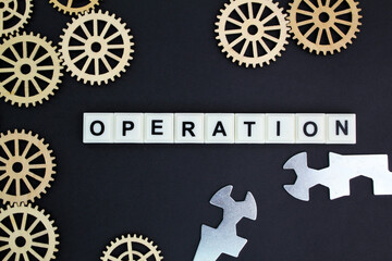 gear teeth with operation alphabet words. operational concept of a thing