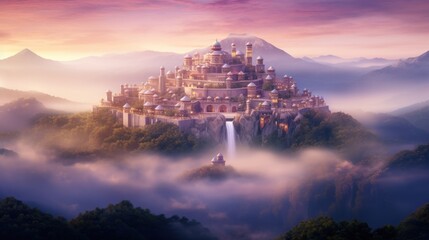 Fairytale palaces of a fantasy city on a mountain in the morning mist. AI generation 