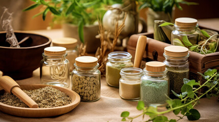 A holistic view of alternative medicine practices alternative medicine containers. All natural healing - obrazy, fototapety, plakaty
