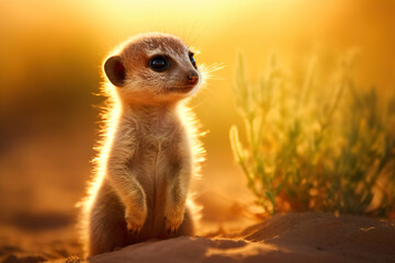 Fototapeta premium Meerkat cub standing on a sand