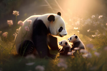Family of cute panda and its cubs