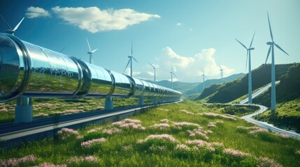 Hydrogen pipeline transformation of sustainable energy towards ecology in rural landscape background scene. Carbon neutral power plant. Resources to replace natural gas gasoline. Generative AI - obrazy, fototapety, plakaty