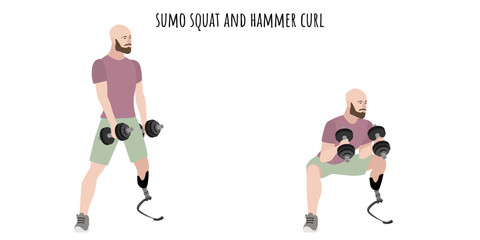 Man with a prosthetic leg doing squat and curl