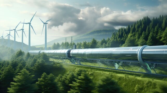 Hydrogen pipeline transformation of sustainable energy towards ecology in rural landscape background scene. Carbon neutral power plant. Resources to replace natural gas gasoline. Generative AI