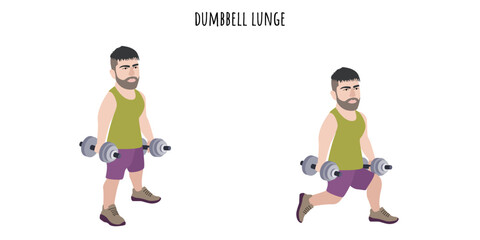 Undersized man doing dumbbell lunge exercise