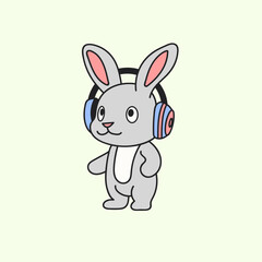 Rabbit logo,.Rabbit Using headphone icon. Flat cute and funny Rabbit cartoon for kids education and children and shirt design