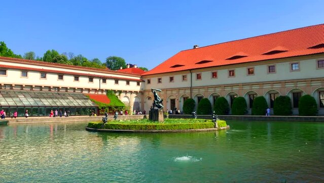 Statue and fountain in the Wallenstein Palace gardens Prague Czech Republic
