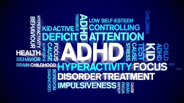 ADHD animated tag word cloud;Attention Deficit Hyperactivity Disorder design kinetic typography seamless loop.