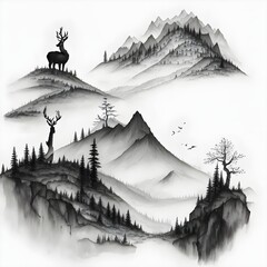 Emotional Ink Painting of mountain with Fog , bird, deer, Trees