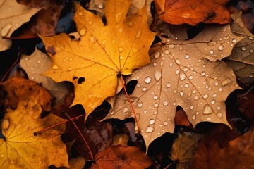 Close up of fallen leaves on ground in autumn covered in raindrops. created generative ai.