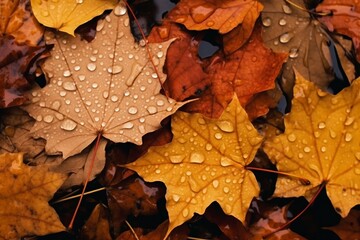 Close up of fallen leaves on ground in autumn covered in raindrops. created generative ai.