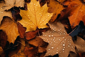 Close up of fallen leaves on ground in autumn covered in raindrops. created generative ai.