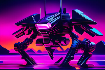 Mecha on synthwave sunset with neon ambiance