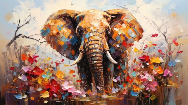 Elephant with fantasy forest colorful butterflies and flowers background. Generative AI