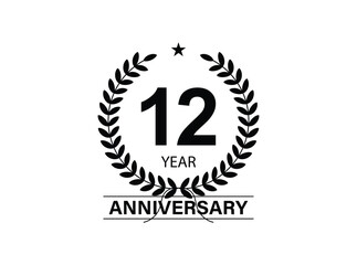 12 years anniversary logo template isolated on white, black and white background. 12th anniversary logo.
