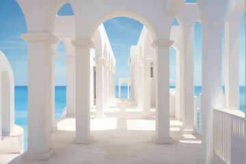 A white columns is surrounded by blue sea and sky