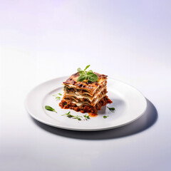 A piece of lasagna on a white plate