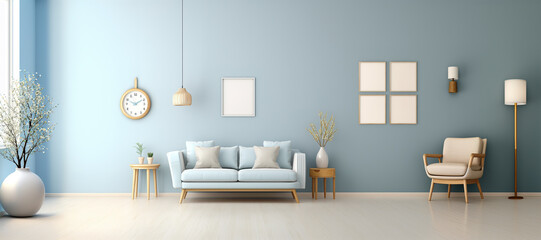 Minimalistic interior in pastel blue and beige colors
