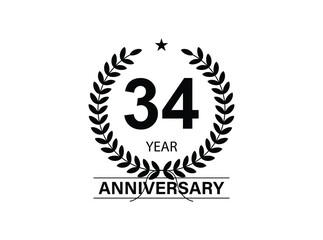 34 years anniversary pictogram vector icon, 34th year birthday logo label, black and white stamp isolated.