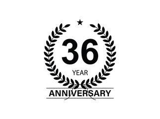 36 years anniversary logo template isolated on white, black and white background. 36th anniversary logo.