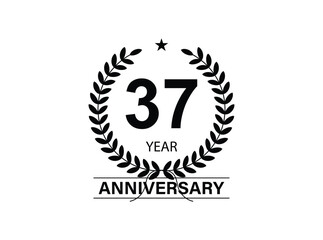 37 years anniversary pictogram vector icon, 37th year birthday logo label, black and white stamp isolated.