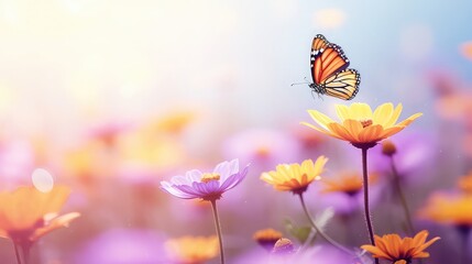 Field of colorful cosmos flower and butterfly in a meadow in nature in the rays of sunlight in summer in the spring close-up of a macro. A colorful artistic image with a soft focus, beautiful bokeh - obrazy, fototapety, plakaty