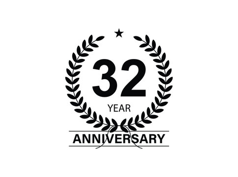32 years anniversary logo template isolated on white, black and white background. 32th anniversary logo.