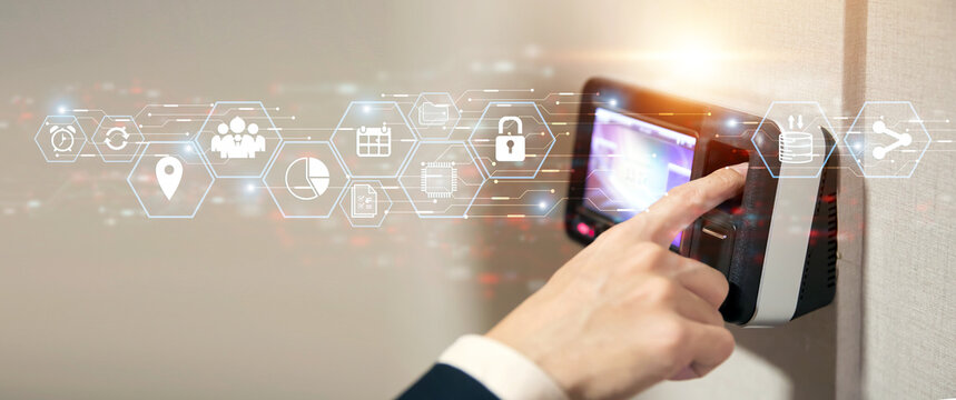Proximity card door unlock, Hand security man using fingerprint scan on ID card reader access control system for identity verification to open the door or for security safety or check attendance.