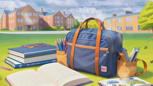 backpack and books, back to school design background.  Cartoon or anime watercolor painting illustration style. seamless looping 4K time-lapse virtual video animation.