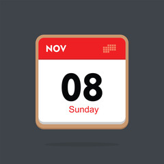 sunday 08 november icon with black background, calender icon