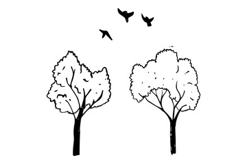Digital png illustration of trees and birds on transparent background