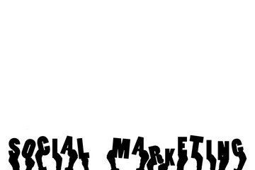 Digital png illustration of hand with social marketing text on transparent background