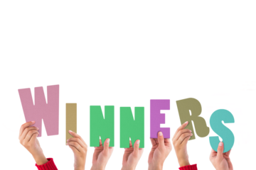 Digital png illustration of hand with winners text on transparent background