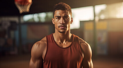 Obraz premium Portrait of a muscular Latina male basketball player wearing team colours holding a basketball in one hand against his hip and looking to camera