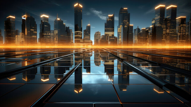 Design a futuristic cityscape with luminous 3D objects in a technological style, using dark orange and light gold tones. Incorporate innovative techniques and webcore influences for a dynamic and visu