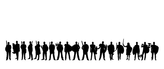Digital png silhouette image of people holding weapon with copy space on transparent background