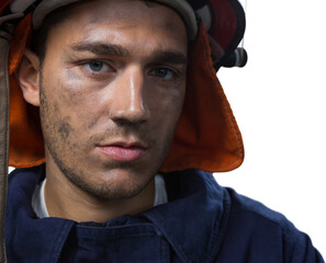 Digital png photo of serious and dirty caucasian male firefighter on transparent background