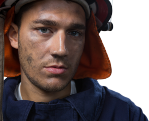 Digital png photo of serious and dirty caucasian male firefighter on transparent background
