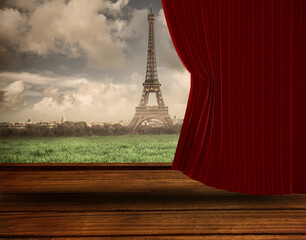 Digital png illustration of stage with curtain over eiffel tower on transparent background