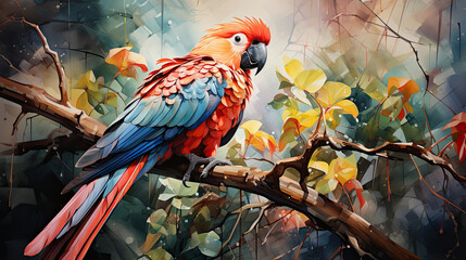 Background image of a lush tropical rainforest, rendered in vibrant digital watercolors, showcasing exotic fauna in hues of jungle green and parrot red, capturing tropical aesthetics.