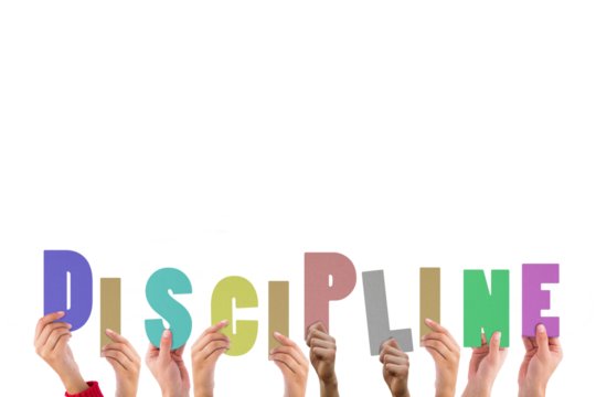 Digital png photo of hands holding discipline text on transparent background - Powered by Adobe