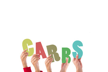 Digital png photo of hands holding carbs text on transparent background
