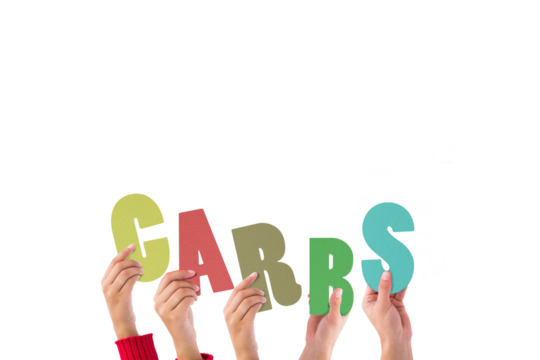 Digital png photo of hands holding carbs text on transparent background - Powered by Adobe